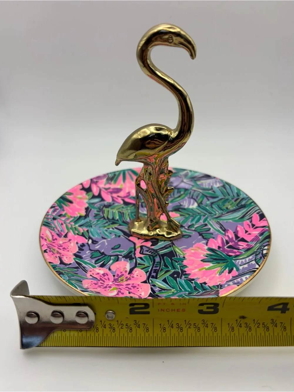 Lilly Pulitzer Flamingo Ring Dish Tropical Floral Trinket Tray Gold Tone